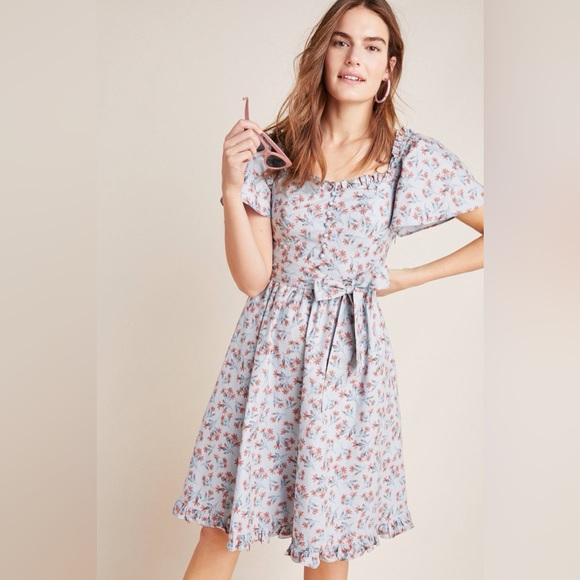 Gal Meets Glam by Anthropologie Light Blue Floral Midi Dress Size
